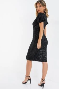 Black Sequin Wrap Midi Dress -Dazzle Dresses 00100036495 XB