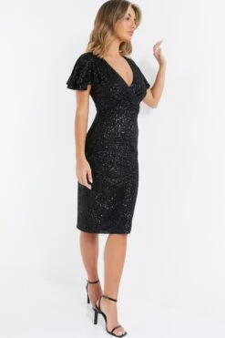 Black Sequin Wrap Midi Dress -Dazzle Dresses 00100036495 XS