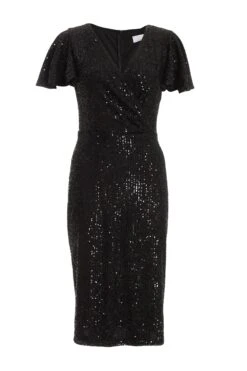 Black Sequin Wrap Midi Dress