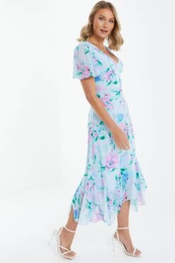 Light Blue Chiffon Floral Midaxi Dress -Dazzle Dresses 00100036504 XS