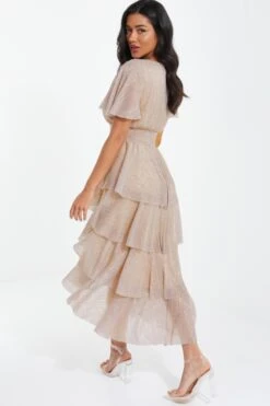 Champagne Chiffon Glitter Tiered Midi Dress -Dazzle Dresses 00100036518 XB