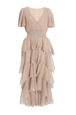 Champagne Chiffon Glitter Tiered Midi Dress