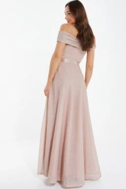 Champagne Bardot Glitter Maxi Dress -Dazzle Dresses 00100036519 XB
