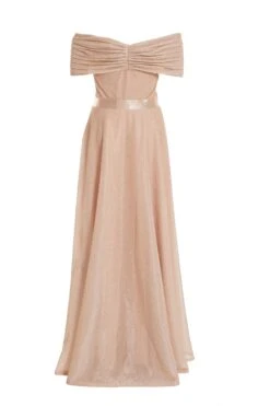 Champagne Bardot Glitter Maxi Dress -Dazzle Dresses 00100036519 ZB