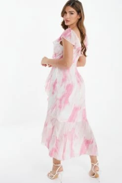 Pink Brush Stroke Frill Midaxi Dress -Dazzle Dresses 00100036520 XB