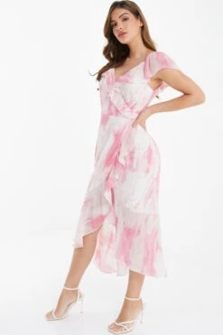 Pink Brush Stroke Frill Midaxi Dress -Dazzle Dresses 00100036520 XS