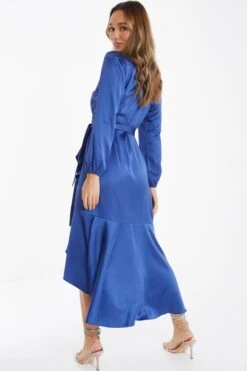 Blue Satin Wrap Midi Dress -Dazzle Dresses 00100036530 XB