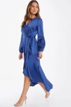 Blue Satin Wrap Midi Dress -Dazzle Dresses 00100036530 XS