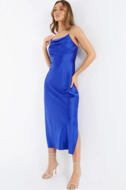 Blue Satin Diamante Midi Dress -Dazzle Dresses 00100036531 XS