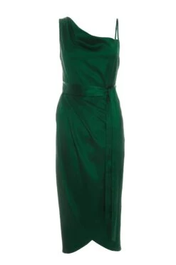 Bottle Green Satin One Shoulder Midi Dress