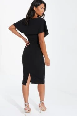 Black Angel Sleeve Wrap Midi Dress -Dazzle Dresses 00100036619 XB