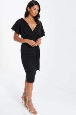 Black Angel Sleeve Wrap Midi Dress -Dazzle Dresses 00100036619 XS
