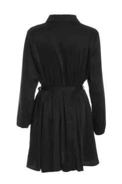 Black Satin Diamante Shirt Mini Dress -Dazzle Dresses 00100036627 ZB