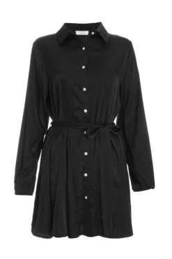 Black Satin Diamante Shirt Mini Dress