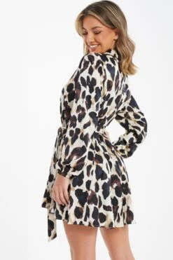 Stone Animal Print Satin Shirt Dress -Dazzle Dresses 00100036636 XB