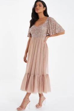 Rose Gold Sequin Midi Dress -Dazzle Dresses 00100036639 XS