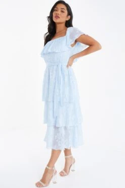 Light Blue Floral Jacquard Tiered Midi Dress -Dazzle Dresses 00100036640 XS