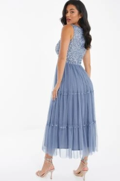 Blue Sequin Tulle Midi Dress -Dazzle Dresses 00100036641 XB