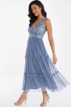Blue Sequin Tulle Midi Dress -Dazzle Dresses 00100036641 XS