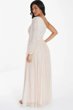 Champagne Sequin One Shoulder Maxi Dress -Dazzle Dresses 00100036643 XB