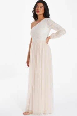 Champagne Sequin One Shoulder Maxi Dress -Dazzle Dresses 00100036643 XS