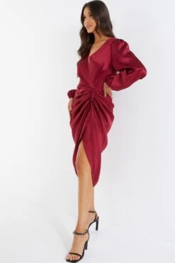 Berry Satin Long Sleeve Ruched Midi Dress -Dazzle Dresses 00100036676 XS