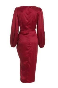 Berry Satin Long Sleeve Ruched Midi Dress -Dazzle Dresses 00100036676 ZB