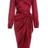 Berry Satin Long Sleeve Ruched Midi Dress