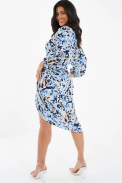 Blue Smudge Print Ruched Midi Dress -Dazzle Dresses 00100036685 XB