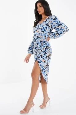 Blue Smudge Print Ruched Midi Dress -Dazzle Dresses 00100036685 XS