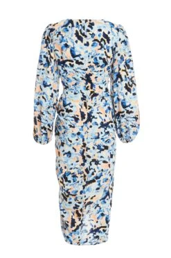 Blue Smudge Print Ruched Midi Dress -Dazzle Dresses 00100036685 ZB