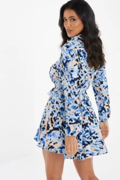 Blue Smudge Print Mini Shirt Dress -Dazzle Dresses 00100036686 XB