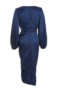 Navy Satin Ruched Midi Dress -Dazzle Dresses 00100036687 ZB