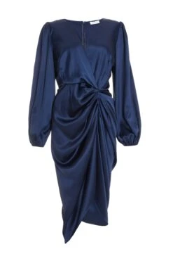 Navy Satin Ruched Midi Dress