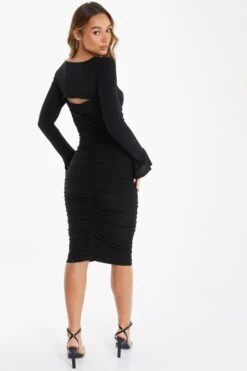 Black Knot Ruched Bodycon Midi Dress -Dazzle Dresses 00100036800 XB