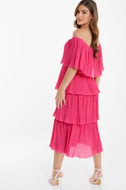 Pink Bardot Tiered Midaxi Dress -Dazzle Dresses 00100036816 XB