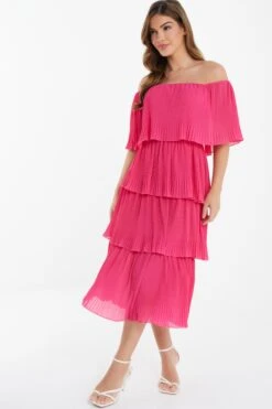 Pink Bardot Tiered Midaxi Dress -Dazzle Dresses 00100036816 XS