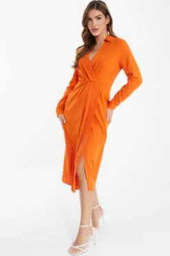 Orange Shirt Midi Dress -Dazzle Dresses 00100036821 XS