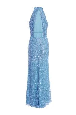 Blue Sequin Halter Neck Fishtail Maxi Dress -Dazzle Dresses 00100036823 ZB