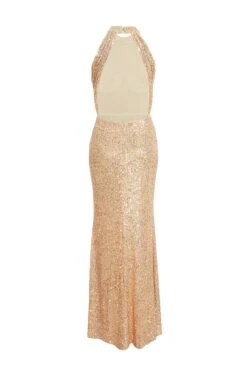 Rose Gold Sequin Halter Neck Fishtail Maxi Dress -Dazzle Dresses 00100036824 ZB