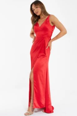 Red Satin Maxi Dress -Dazzle Dresses 00100036826 XS