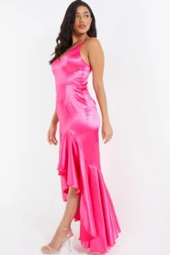 Pink Satin Ruffle Maxi Dress -Dazzle Dresses 00100036828 XS