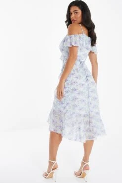 White Floral Cold Shoulder Wrap Midi Dress -Dazzle Dresses 00100036831 XB