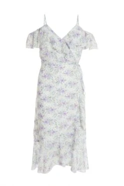 White Floral Cold Shoulder Wrap Midi Dress