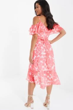 Coral Floral Cold Shoulder Wrap Midi Dress -Dazzle Dresses 00100036834 XB