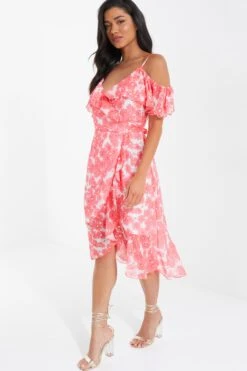 Coral Floral Cold Shoulder Wrap Midi Dress -Dazzle Dresses 00100036834 XS