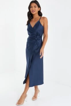Navy Satin Wrap Floral Midi Dress -Dazzle Dresses 00100036916 XS