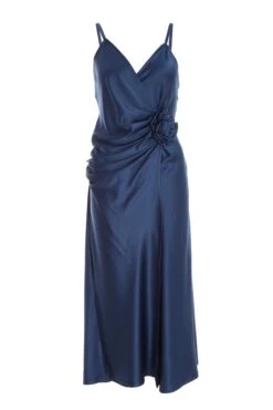 Navy Satin Wrap Floral Midi Dress