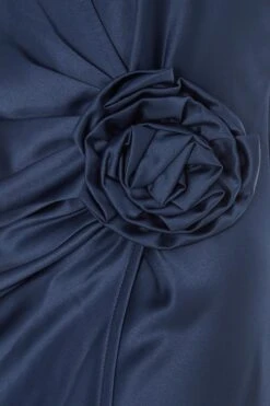 Navy Satin Wrap Floral Midi Dress -Dazzle Dresses 00100036916 ZS