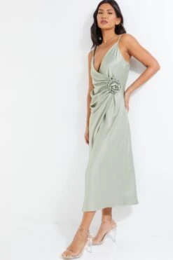 Sage Satin Wrap Floral Midi Dress -Dazzle Dresses 00100036917 XS
